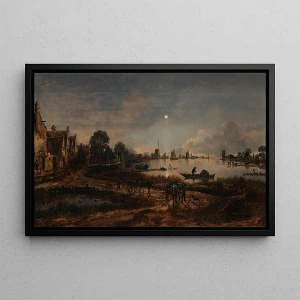 Vista sul fiume al chiaro di luna - Aert van der Neer — quadro incorniciato alla parete