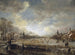 Due città su un fiume ghiacciato con golfisti e pattinatori - Aert van der Neer — vista dell’opera