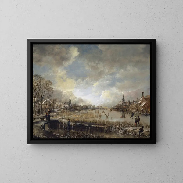 Due città su un fiume ghiacciato con golfisti e pattinatori - Aert van der Neer — quadro incorniciato alla parete