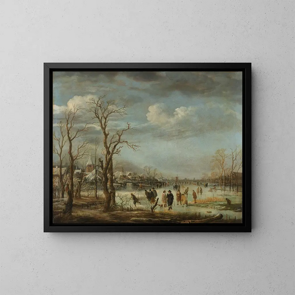 Paesaggio invernale vicino a una città con alberi spogli - Aert van der Neer — quadro incorniciato alla parete