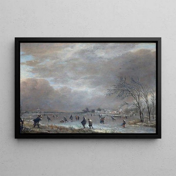 Paesaggio invernale con pattinatori su un fiume ghiacciato - Aert van der Neer — quadro incorniciato alla parete