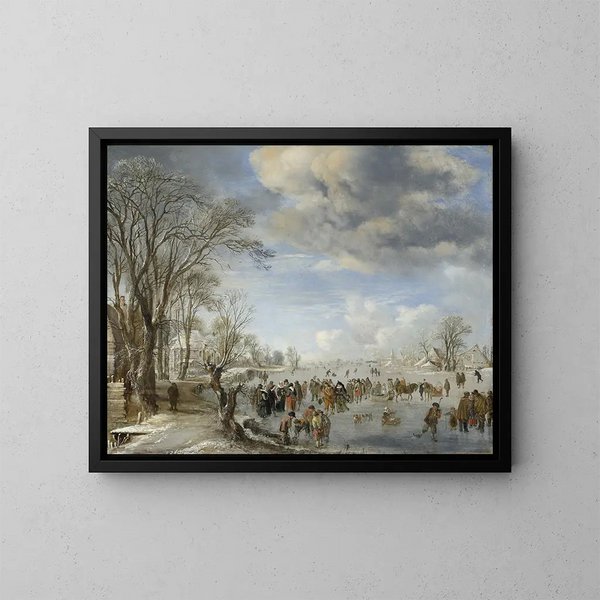 Inverno in Olanda, scena di pattinaggio - Aert van der Neer — quadro incorniciato alla parete