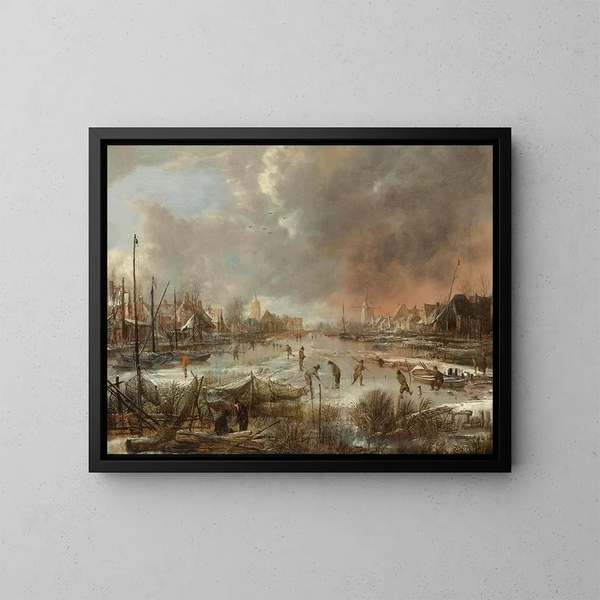 Paesaggio invernale con sportivi su un fiume ghiacciato - Aert van der Neer — quadro incorniciato alla parete