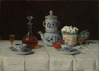 Albert Anker - Still life with coffee setting and cognac bottle.webp