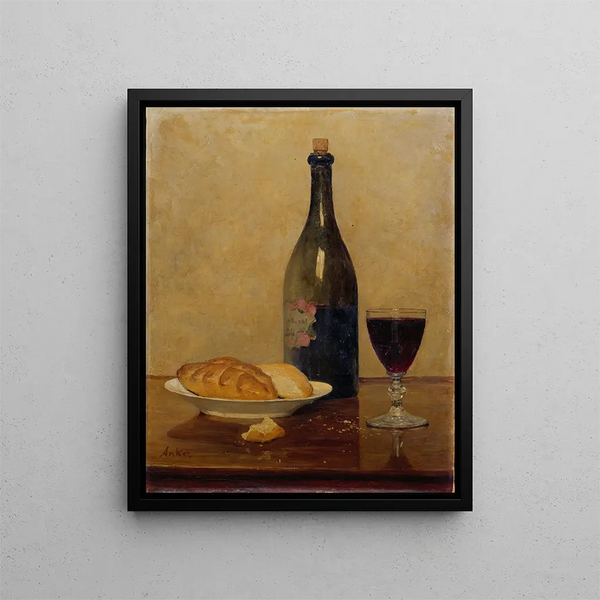 Nature morte con vino vecchio e pane - Albert Anker — quadro incorniciato alla parete