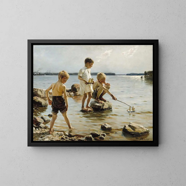 Bambini che giocano sulla riva - Albert Edelfelt — quadro incorniciato alla parete