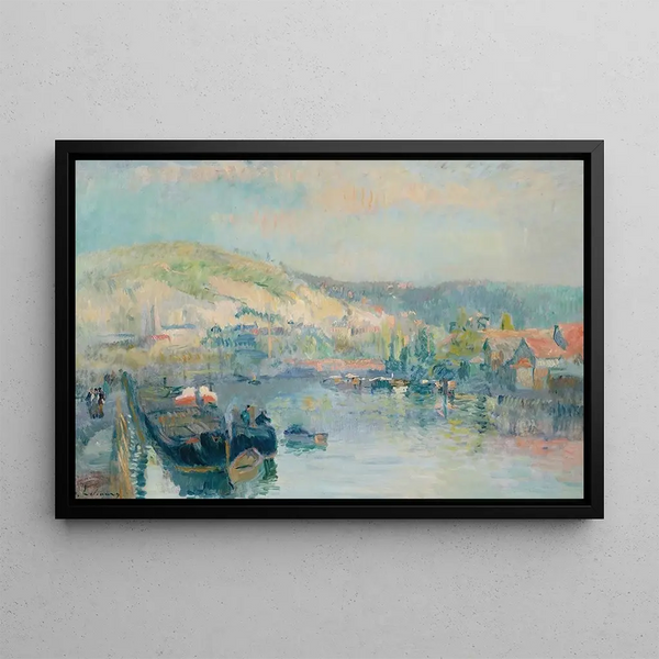 Péniche e riva della Senna animate vicino a Rouen - Albert Lebourg — quadro incorniciato alla parete