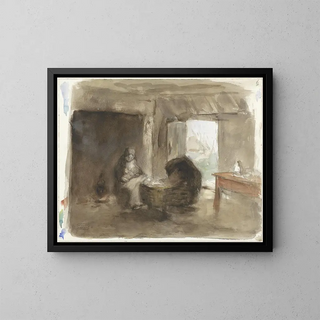 Donna con bambino vicino a una culla - Albert Neuhuys — quadro incorniciato alla parete