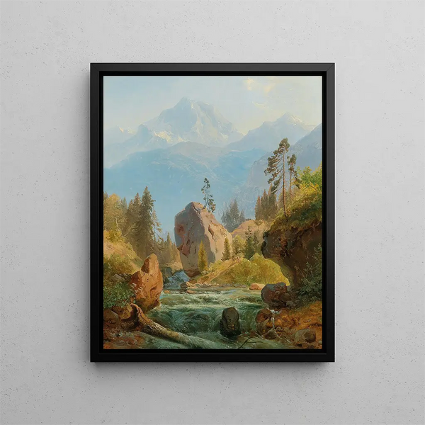 Un paesaggio di montagna con ruscello - Albert Zimmermann — quadro incorniciato alla parete