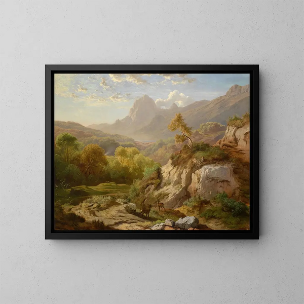 Cervo in un ampio paesaggio montano - Albert Zimmermann — quadro incorniciato alla parete