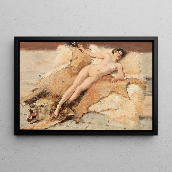 Nu femminile su una pelle di leone - Albert von Keller — quadro incorniciato alla parete