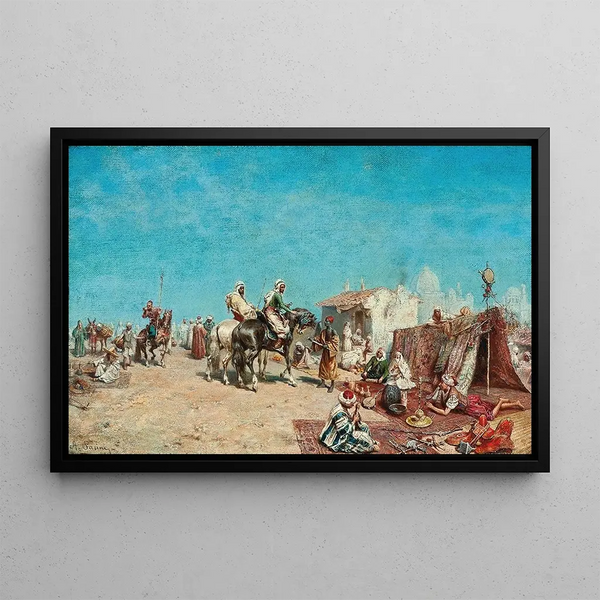 Mercanti arabi in un mercato vicino alle mura della città - Alberto Pasini — quadro incorniciato alla parete
