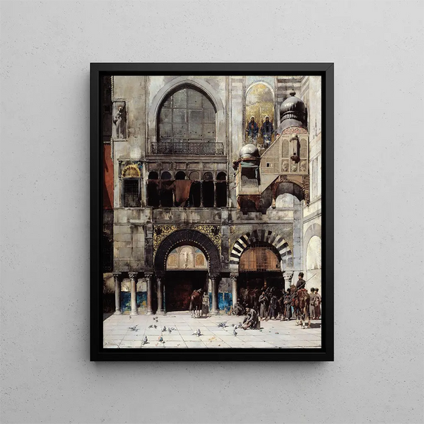 Cavalleria circassa in attesa del suo comandante alla porta di un monumento bizantino - Alberto Pasini — quadro incorniciato alla parete
