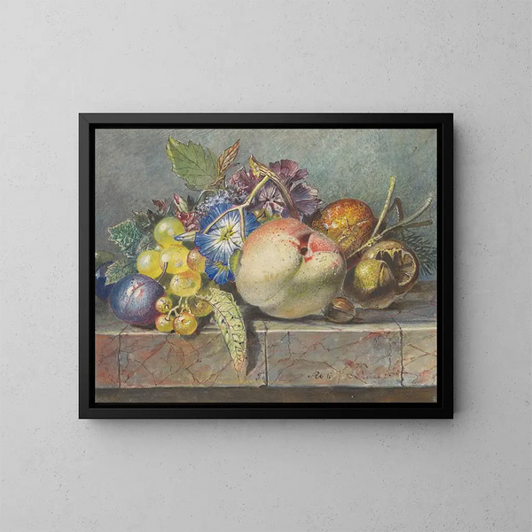 Frutta e nature morte di fiori - Albertus Steenbergen — quadro incorniciato alla parete