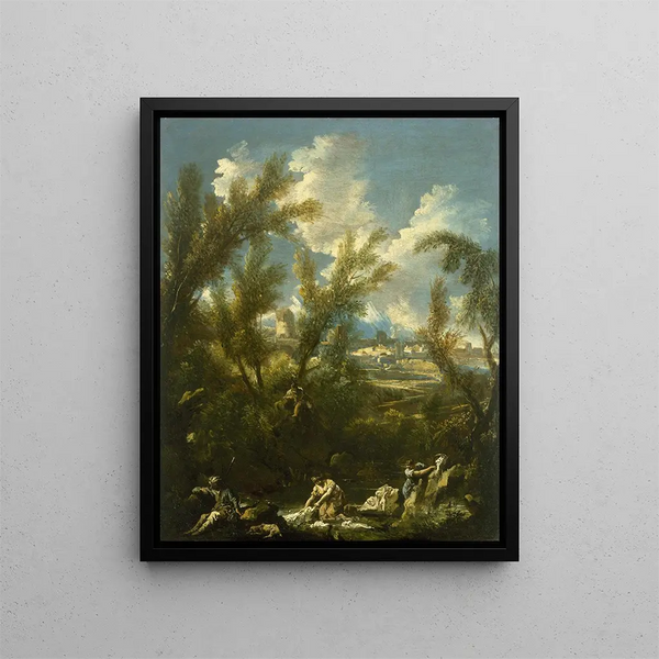 Paesaggio con la lavandaia - Alessandro Magnasco — quadro incorniciato alla parete