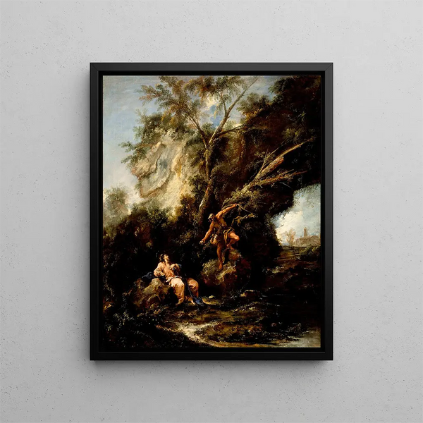 Paesaggio con la Tentazione di Cristo - Alessandro Magnasco — quadro incorniciato alla parete