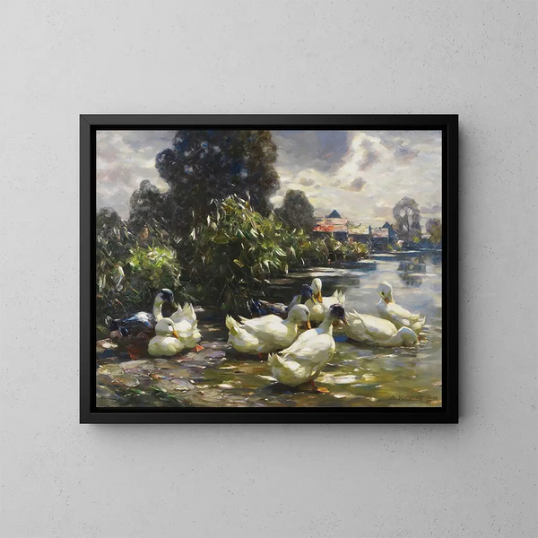 Otto anatre sul bordo dell'acqua - Alexander Koester — quadro incorniciato alla parete