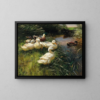 Alexander Koester - Ducks on the Lakeside in Reeds with a Boat.webp