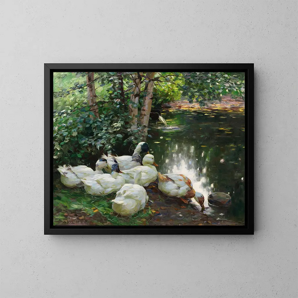 Sei anatre sul bordo dello stagno - Alexander Koester — quadro incorniciato alla parete
