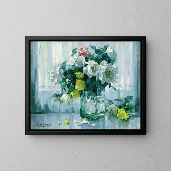 Nature morte con rose bianche e gialle in un vaso di vetro - Alexander Koester — quadro incorniciato alla parete