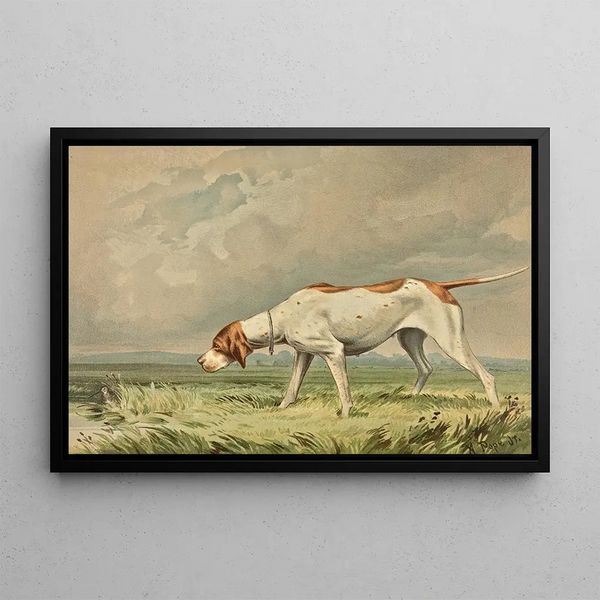 Alexander Pope Jr - Standing Pointer gazing at small bird in pond.webp