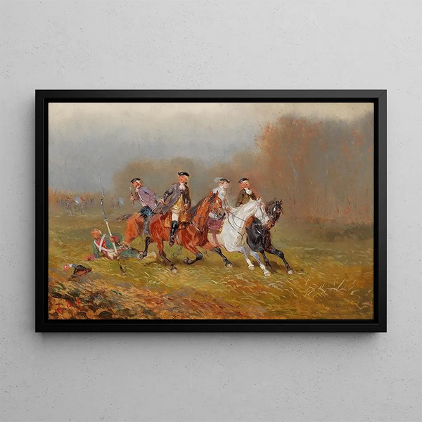 Fuga di un Cavaliere Elegante davanti al Campo di Battaglia - Alexander von Bensa — quadro incorniciato alla parete