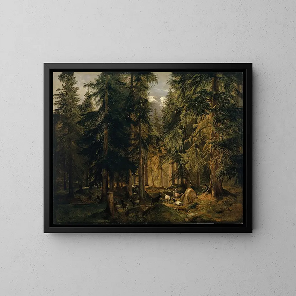 Foresta nelle alte montagne con un gregge di capre - Alexandre Calame — quadro incorniciato alla parete