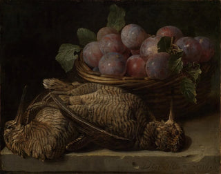 Nature morte con prugne e due beccacce su un tavolo in pietra - Alexandre François Desportes — vista dell’opera
