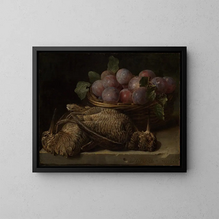 Nature morte con prugne e due beccacce su un tavolo in pietra - Alexandre François Desportes — quadro incorniciato alla parete
