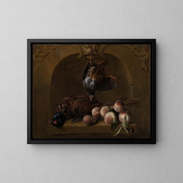 Natura morta con fagiano a zampe rosse e pesche - Alexandre François Desportes — quadro incorniciato alla parete
