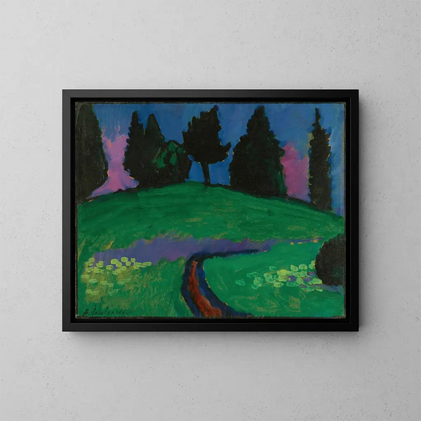 Alberi oscuri su una pendenza verde - Alexej von Jawlensky — quadro incorniciato alla parete