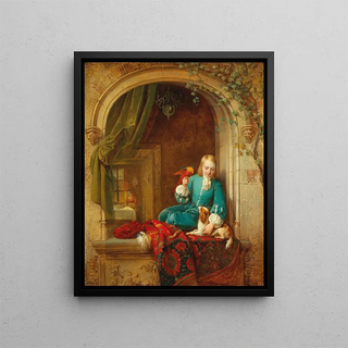 Alexis Van Hamme - A Boy at the Window with Small Dog and Parrot.webp