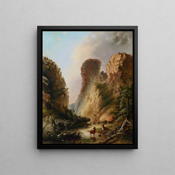 Cervo al bordo del fiume Wyoming - Alfred Jacob Miller — quadro incorniciato alla parete