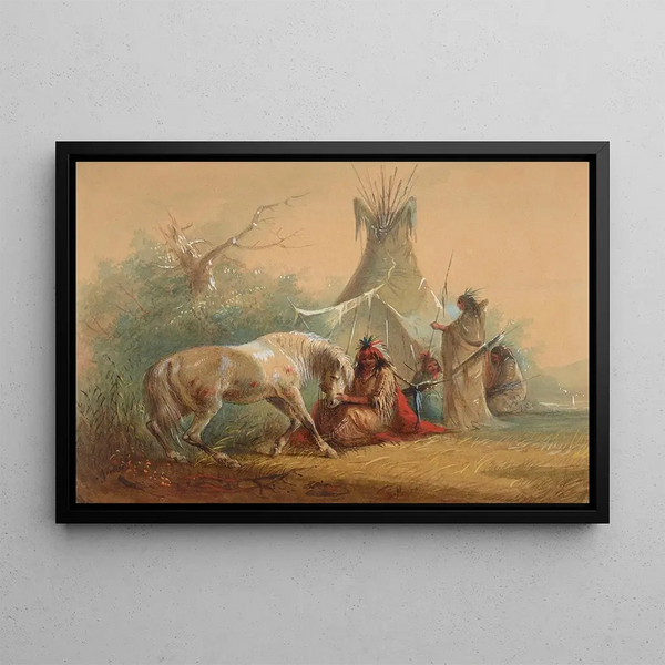 indiano che accarezza il suo cavallo - Alfred Jacob Miller — quadro incorniciato alla parete