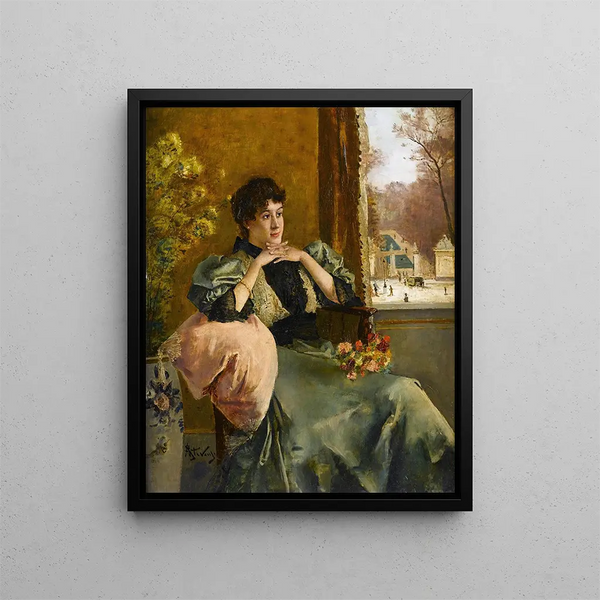 Donna pensierosa vicino a una finestra - Alfred Stevens — quadro incorniciato alla parete