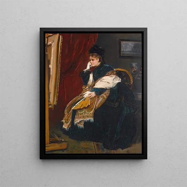 La donna in verde nell'atelier - Alfred Stevens — quadro incorniciato alla parete