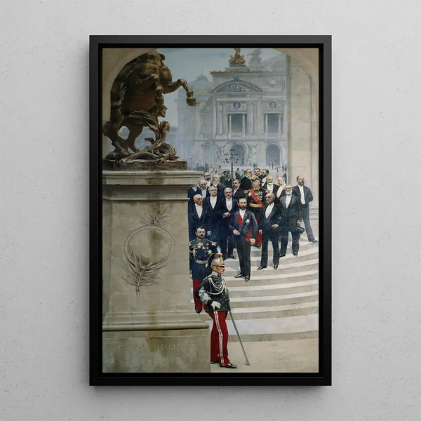 Il presidente Sadi Carnot circondato da personalità della IIIa Repubblica davanti all'Opera - Alfred Stevens — quadro incorniciato alla parete