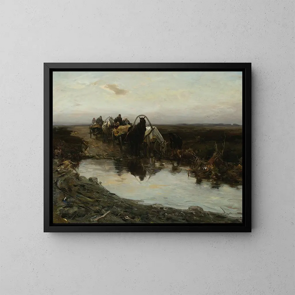 Carri di contadini davanti a una pozzanghera d'acqua - Alfred von Wierusz-Kowalski — quadro incorniciato alla parete