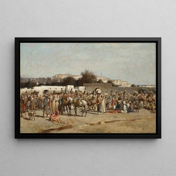 Un mercato animato ai piedi delle mura di Tanger - Alfred Wordsworth Thompson — quadro incorniciato alla parete