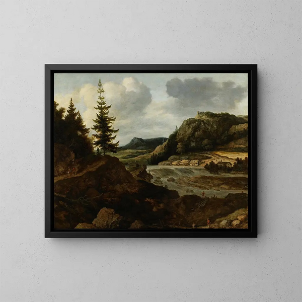 Un paesaggio fluviale montano con viaggiatori - Allaert van Everdingen — quadro incorniciato alla parete