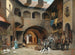 Interno cortile a Friesach con un veicolo di trasporto - Alois Schönn — vista dell’opera