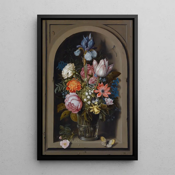 Nature morte di fiori in un bicchiere di vetro in una nicchia in marmo - Ambrosius Bosschaert l'Ancien — quadro incorniciato alla parete