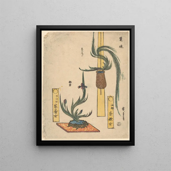 Composizioni floreali Cesto di pino e iris in una ciotola di pietra - Andō Hiroshige — quadro incorniciato alla parete