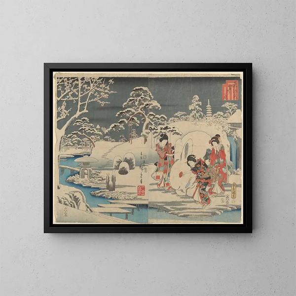Tre donne che fanno un coniglio di neve in un giardino - Andō Hiroshige — quadro incorniciato alla parete