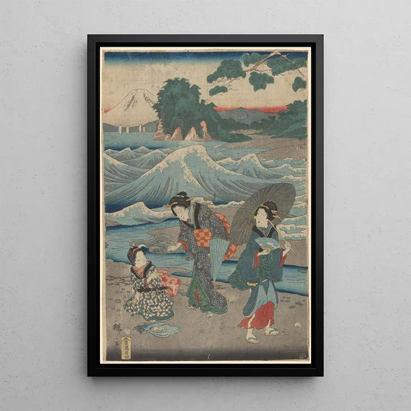 Tre donne e onde - Andō Hiroshige — quadro incorniciato alla parete