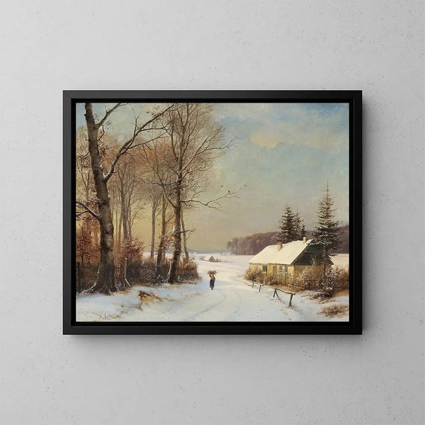 Paesaggio invernale con donna su una strada davanti a una casa - Anders Andersen-Lundby — quadro incorniciato alla parete