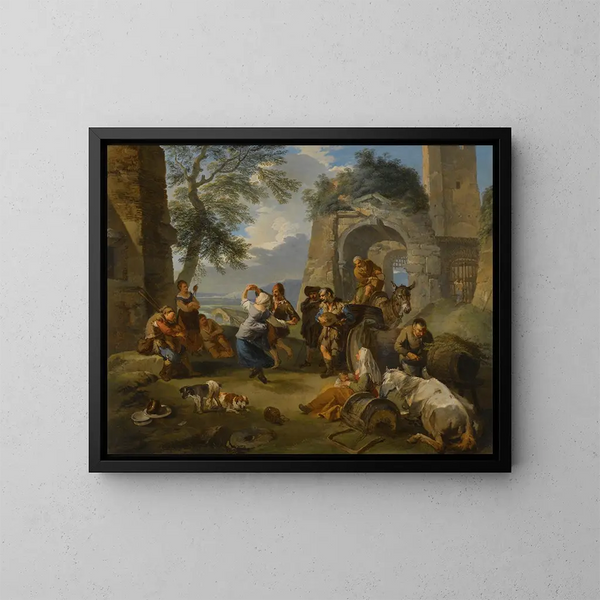 Un paesaggio con contadini che danzano e festeggiano - Andrea Locatelli — quadro incorniciato alla parete