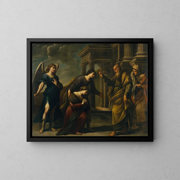 La benedizione di Raguel a sua figlia Sarah prima di lasciare Ecbatane con Tobia - Andrea Vaccaro — quadro incorniciato alla parete