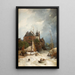Spiaggia vicino a una città con vecia torre e mura - Andreas Achenbach — quadro incorniciato alla parete