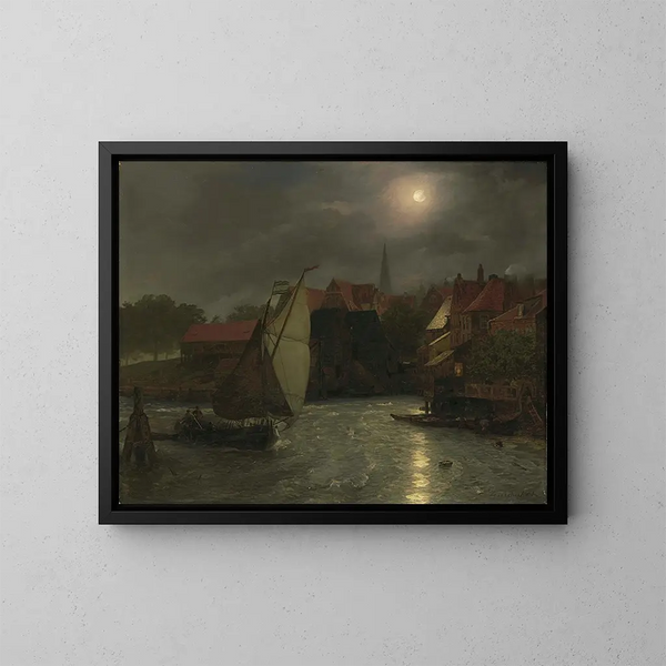 Bateaux su un canale al chiaro di luna - Andreas Achenbach — quadro incorniciato alla parete
